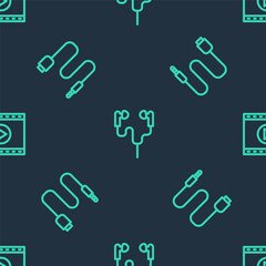 Set line Air headphones, Audio jack and Online play video on seamless pattern. Vector.