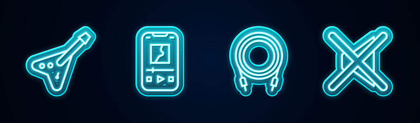 Set line Electric bass guitar, Music player, Audio jack and Speaker mute. Glowing neon icon. Vector.