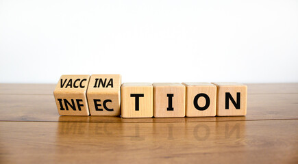 Vaccination vs infection symbol. Turned wooden cubes and changed the word 'infection' to...