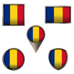 Various flags of Romania. Realistic national flag in point circle square rectangle and shield metallic icon set. Patriotic 3d rendering symbols isolated on white background.