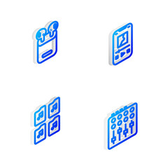 Set Isometric line Music player, Air headphones in box, file document and Sound mixer controller icon. Vector.