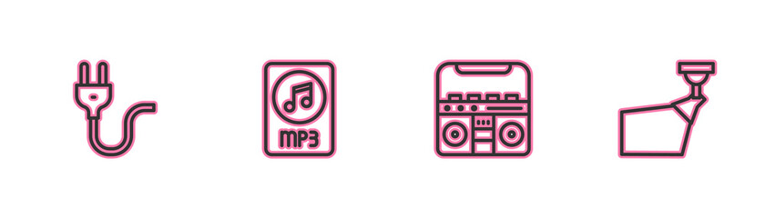 Set line Electric plug, Home stereo with speakers, MP3 file document and Movie spotlight icon. Vector.