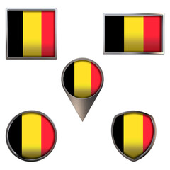 Fototapeta premium Various flags of Kingdom of Belgium. Realistic national flag in point circle square rectangle and shield metallic icon set. Patriotic 3d rendering symbols isolated on white background.