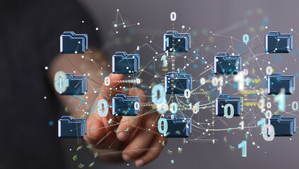 Data cloud storage network from lines, triangles and particle style design.