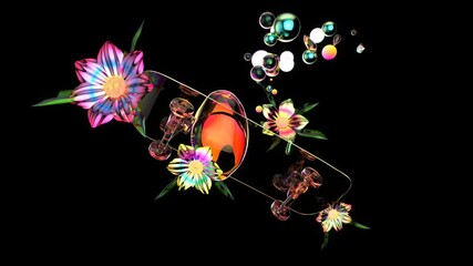 4K abstract art of a skateboard with flowers and bubbles - Powered by Adobe