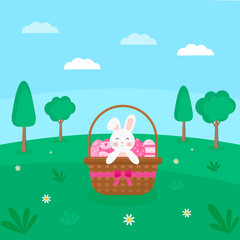 This is a flat easter illustration. There are a bunny and easter eggs in a basket.