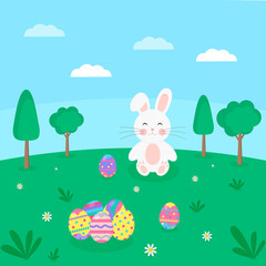 This is a flat easter illustration. There are easter eggs and a bunny.