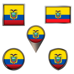 Various flags of the Republic of Ecuador. Realistic national flag in point circle square rectangle and shield metallic icon set. Patriotic 3d rendering symbols isolated on white background.