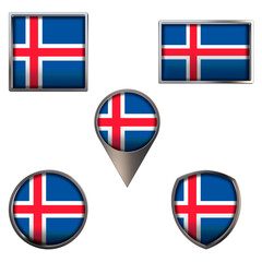 Various flags of Iceland. Realistic national flag in point circle square rectangle and shield metallic icon set. Patriotic 3d rendering symbols isolated on white background.