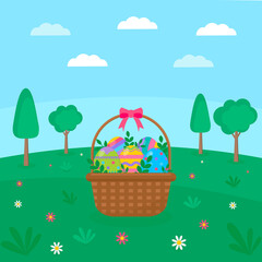 This is a flat easter illustration. There are easter eggs in the basket.