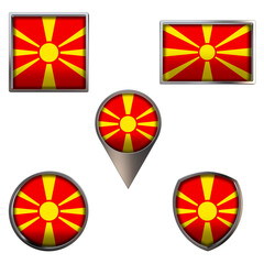 Various flags of Republic of North Macedonia. Realistic national flag in point circle square rectangle and shield metallic icon set. Patriotic 3d rendering symbols isolated on white background.