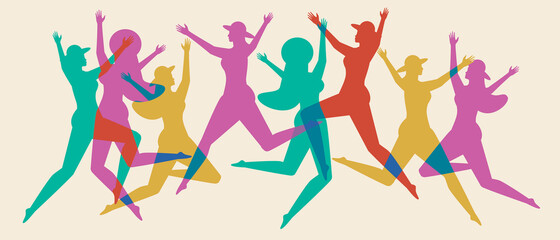 Colored silhouettes of women, people dancing, flat vector stock illustration with crowd as Concept of flight, joy, jumping