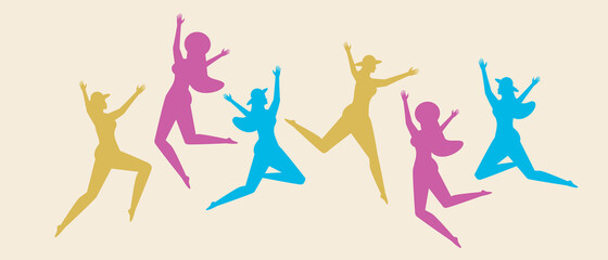 Colored women silhouettes, people flying, flat vector stock illustration as concept of flying, joy, jumping with isolated silhouettes