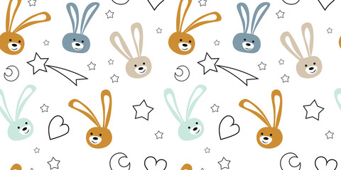 Seamless baby pattern with cute hares and rabbits. Ideal for baby fabrics, textiles, backgrounds, packaging, covers. Creative background vector