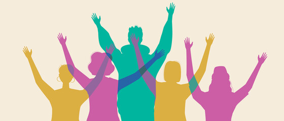 Happy people, silhouettes colors as concept of joy, happiness, success, victory, flat vector stock illustration with teenagers, young people or adults