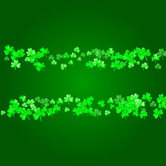 St patricks day background with shamrock. Lucky trefoil confetti. Glitter frame of clover leaves. Template for gift coupons, vouchers, ads, events. Irish st patricks day backdrop.
