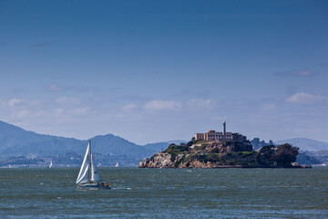 Sailboat in San Francisco Bay near Alcatraz Island