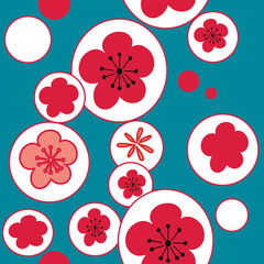 Vector blue white bubble cherry flowers blossom 60 s 70 s, seamless pattern background.