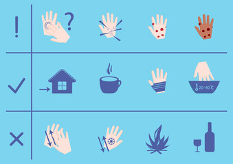 Fototapeta premium Frostbite infographics. Symptoms, protection and first aid. Medical frostbite stage. Hypothermia in winter season. Set of hypothermia vector icons for web design isolated on white background