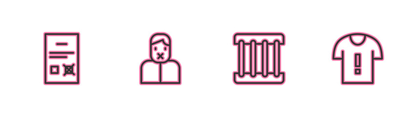 Set line Poll document, Prison window, Censor and freedom of speech and T-shirt protest icon. Vector.