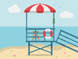 Lifeguard cabin flat illustration. cartoon summer illustration calm beach for poster, banner, web