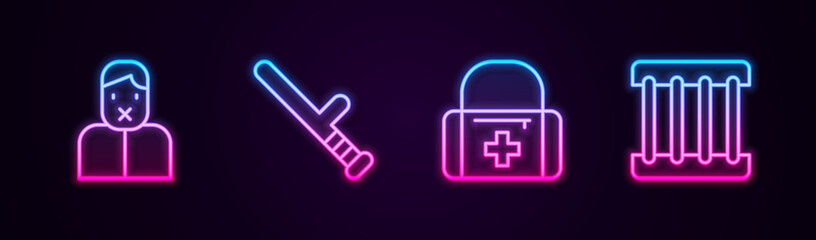 Set line Censor and freedom of speech, Police rubber baton, First aid kit and Prison window. Glowing neon icon. Vector.