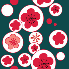 Vector green white bubble cherry flowers blossom 60 s 70 s, seamless pattern background.