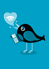 Blue bird with mobile phone vector illustration