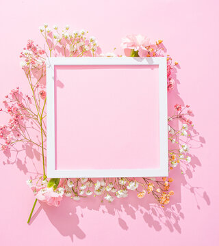 Bright creative spring greeting card design. Branches of white, and pink  gypsophila and fresh carnation  flowers with  square  frame on pastel pink background. Mother's Day,  birthday, copy space.