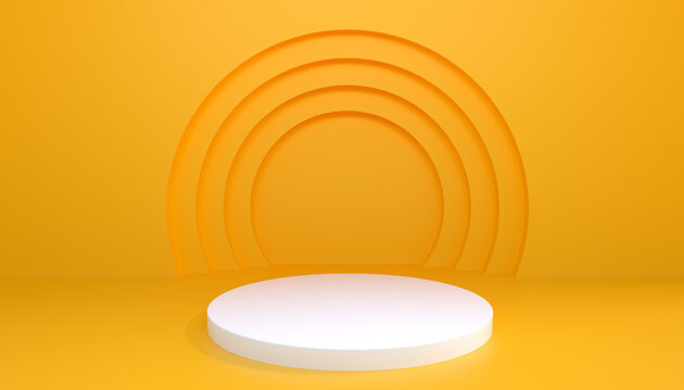 3d Rendering Of A White Round Podium On A Bright Yellow Background With Circles