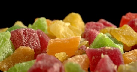 A lot of pieces of fruit on the dark background. Weight loss and healthy food concept. Great dessert for dieters. Close up. High quality photo.