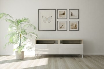 modern room with commode,pictures and plant in wood pot interior design. 3D illustration