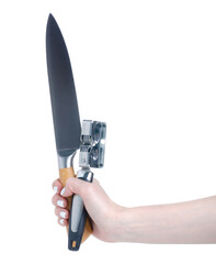 Manual knife sharpener with knife on white background isolation