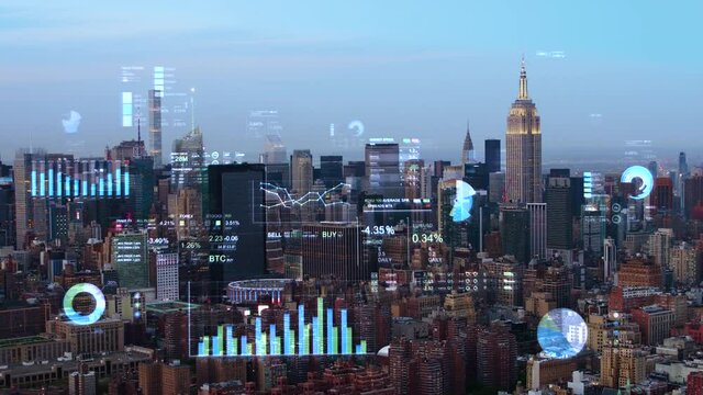Financial charts and data in New York. Holographic information. Futuristic city skyline.

