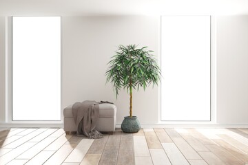 modern room with pouf,plaid and plant interior design. 3D illustration
