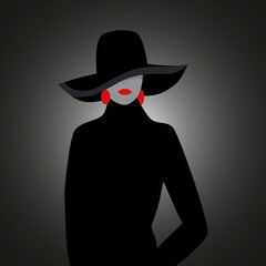 mystery  woman. The girl in black. The lady in the hat. Portrait. Vector illustration.