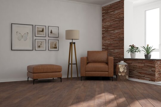 modern room with armchair,lamp,pictures,pouf and plant interior design. 3D illustration