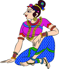 Lord's Gopika, Sevika, or lady servants have drawn in Indian folk art, Kalamkari style. for textile printing, logo, wallpaper