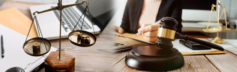 Business and lawyers discussing contract papers with brass scale on desk in office. Law, legal services, advice, justice and law concept