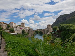 Fototapeta na wymiar Old town, Neretva river and famous bridge stari most in Mostar, Bosnia-Herzegowina