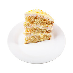 Piece of biscuit cake on a plate isolated