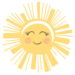 Children's sun with a smile. In soft pastel colors. For fabrics, children's rooms, toys, prints, etc. Isolated on a white background