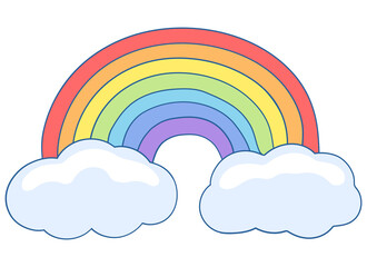 Rainbow with rain and clouds. A seven-color rainbow, a real child's rainbow. For children's rooms, toys, prints, etc. Isolated on a white background