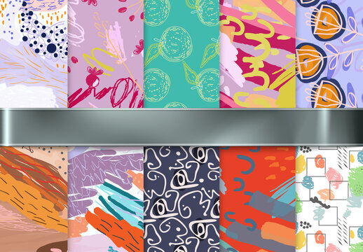 Seamless Pattern Collection with Hand Drawn Rough Abstract Strokes and Floral Elements