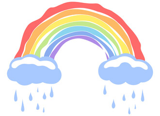 Rainbow with rain and clouds. A seven-color rainbow, a real child's rainbow. For children's rooms, toys, prints, etc. Isolated on a white background