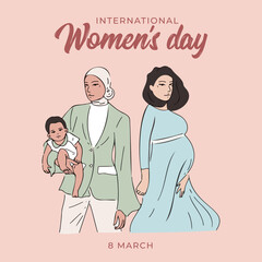 Two women standing together and pose. Cartoon characters vector illustration of Women's friendship or sisterhood. The concept of women's day campaign
