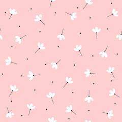 Cute seamless pattern with scattered flowers and dots. Simple girly print. Vector illustration. - 417902522
