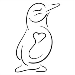 Penguin on a white background. Vector illustration. Black and white drawing of a Penguin.