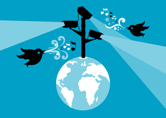 CCTV world with birds vector illustration