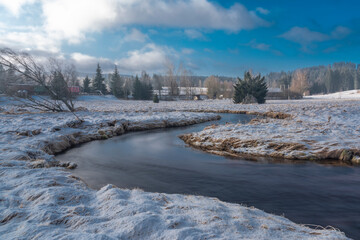 Studena Vltava river in winter cold morning with sunshine light